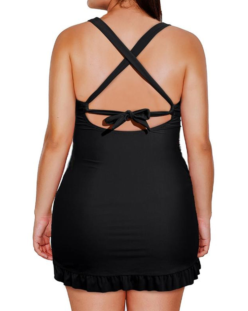 Women's V-Neck Sexy Belly-Control Backless Skirt One-Piece Swimsuit With Swimming Trunks Set