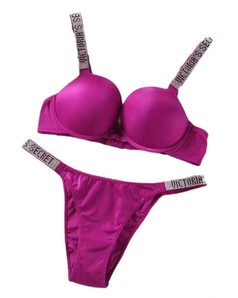Sparkling Diamond Wide Strap Letter Rhinestone Sexy Push-Up Bra Set
