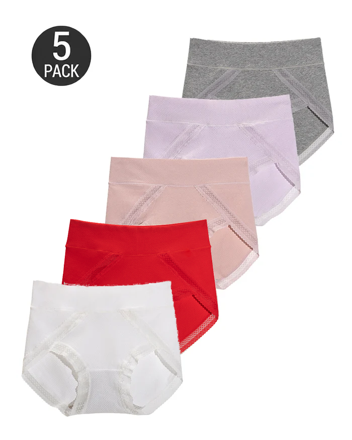5-Pack Pure Cotton Lace Trim Breathable Tummy Control Panties