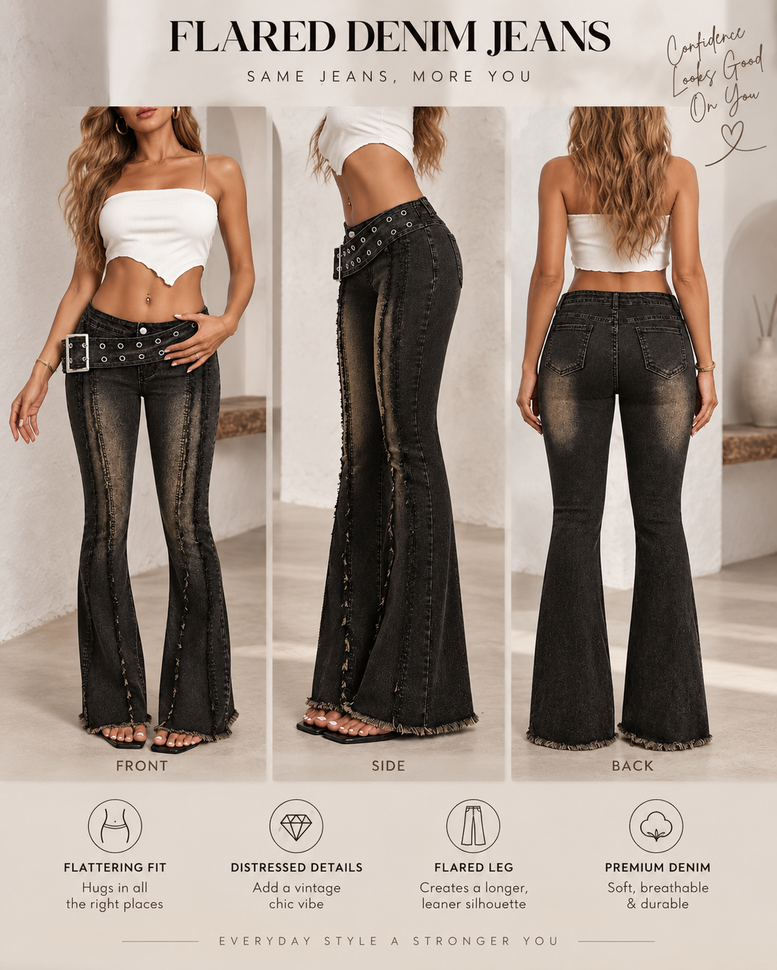 Women's Low-Rise Stretch With Wide Belt Washed Flared Jeans