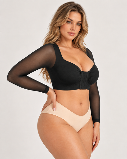 Front‑Closure U‑Shape Compression Built‑In Bra Long Sleeve Mesh Top