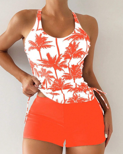 Printed Bodycon Backless Drawstring Slim-Fit Two-Piece Swimsuit