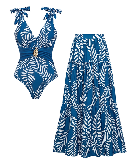 Sling Blue Tassel Leaves Print Cut Out Swimsuit Set