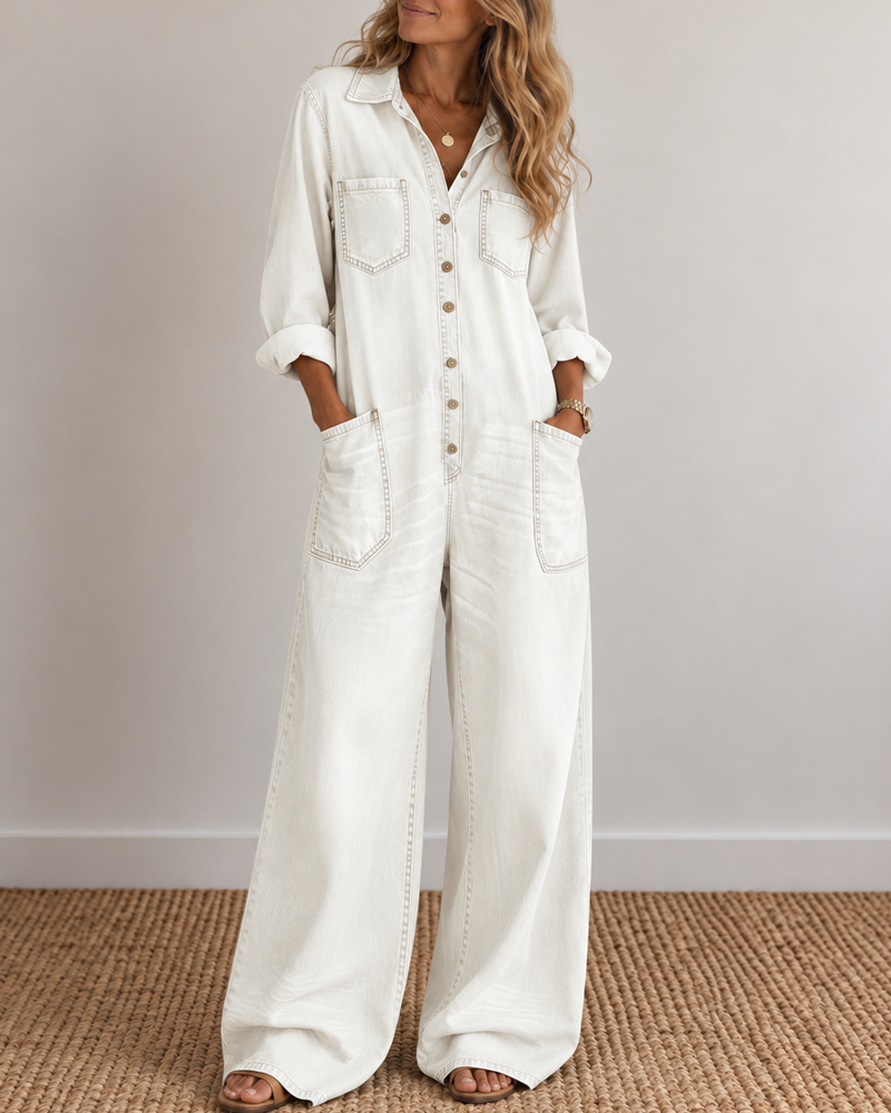 Sexy Button-Front Denim Shirt Loose Wide-Leg Jumpsuit