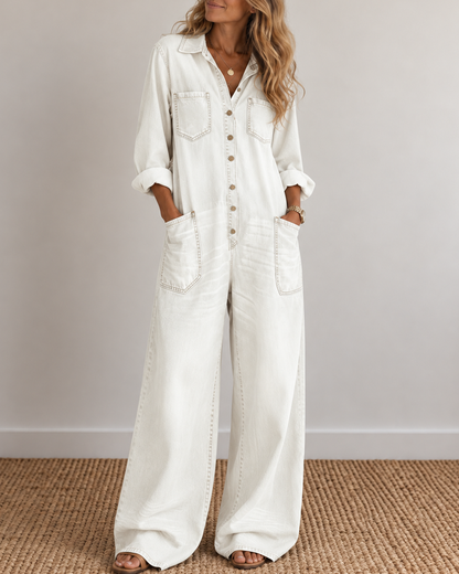 Sexy Button-Front Denim Shirt Loose Wide-Leg Jumpsuit