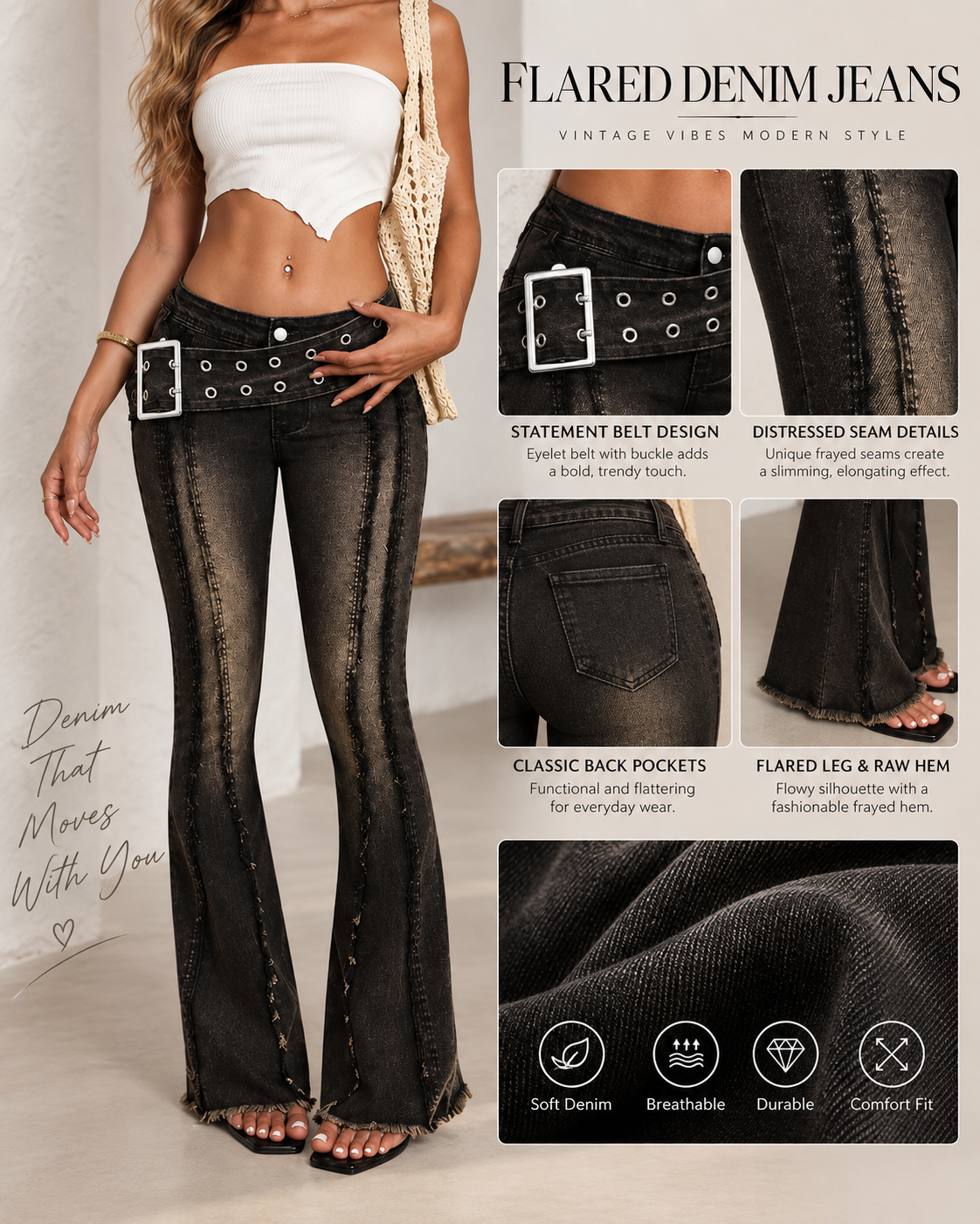 Women's Low-Rise Stretch With Wide Belt Washed Flared Jeans