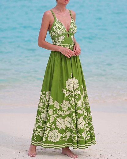 V Neck Ruffle Green Retro Printed Swimsuit Set