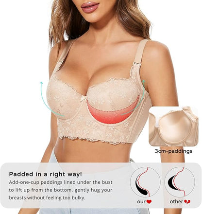Women Lace Wide Back Underwired Longline Corset Push Up Bras