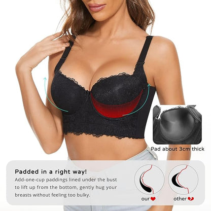 Women Lace Wide Back Underwired Longline Corset Push Up Bras