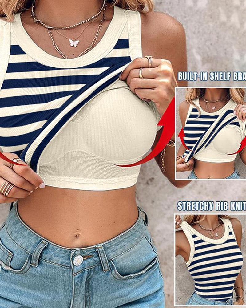 Women's Casual Comfort Round Neck Built-in Bra Ribbed Sleeveless Tank Top