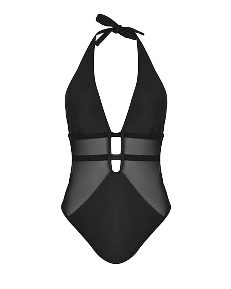 Women's Beach Vacation Sexy Deep V-Neck Backless Lace-Up Mesh One-Piece Swimsuit