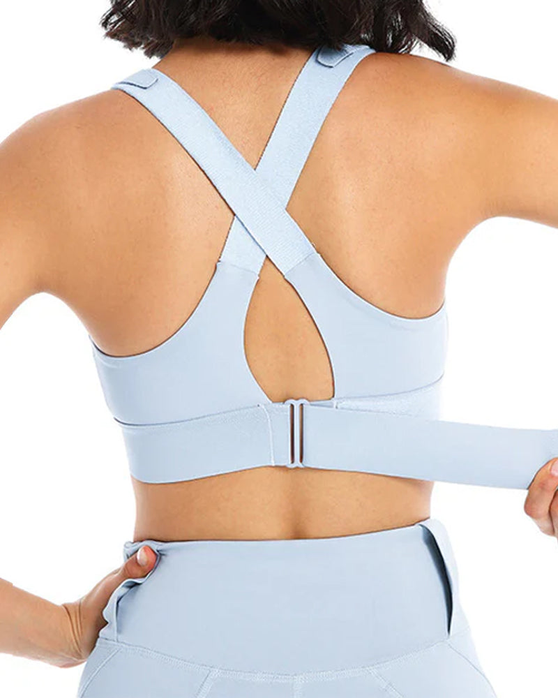 Women's Zipper Front High-Strength Support Adjustable Straps Cross Back Short Fitness Sports Bra