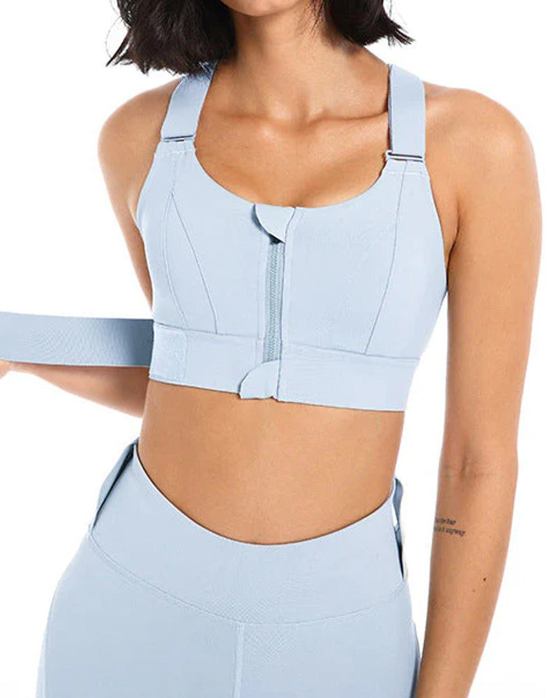 Women's Zipper Front High-Strength Support Adjustable Straps Cross Back Short Fitness Sports Bra