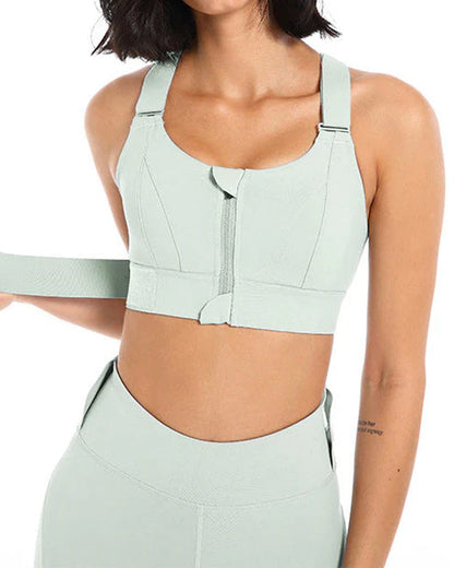 Women's Zipper Front High-Strength Support Adjustable Straps Cross Back Short Fitness Sports Bra