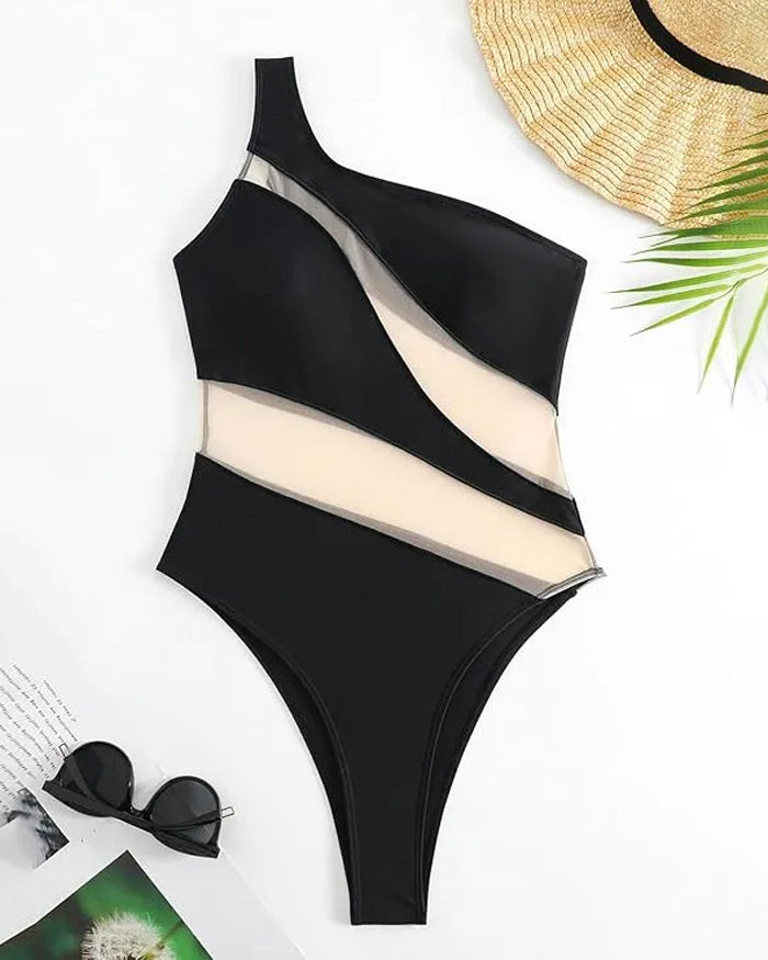 Beach Vacation Off-shoulder Transparent Mesh Colorblock Sexy One-piece Swimsuit