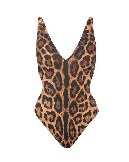Women's Deep V Sexy Leopard Print Back Drawstring Waist Shaping One-Piece Swimsuit