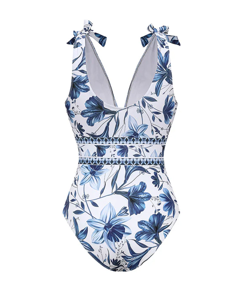 Retro Floral Colorblock Print V-Neck Lace-Up One-Piece Swimsuit and Skirt