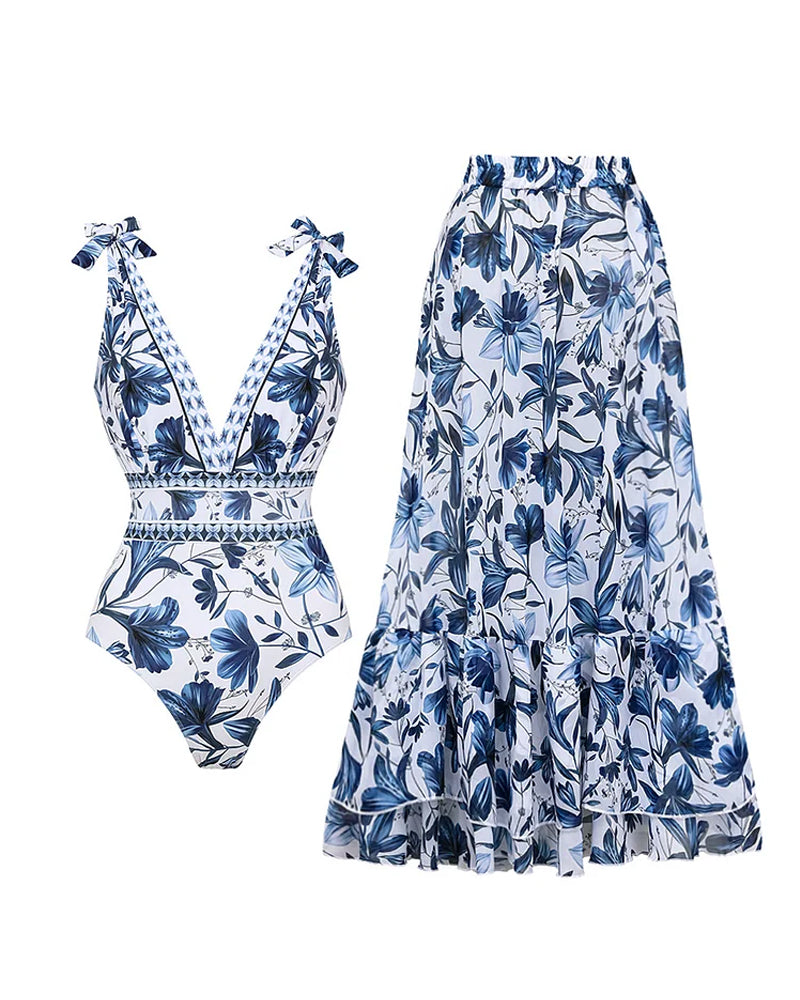 Retro Floral Colorblock Print V-Neck Lace-Up One-Piece Swimsuit and Skirt