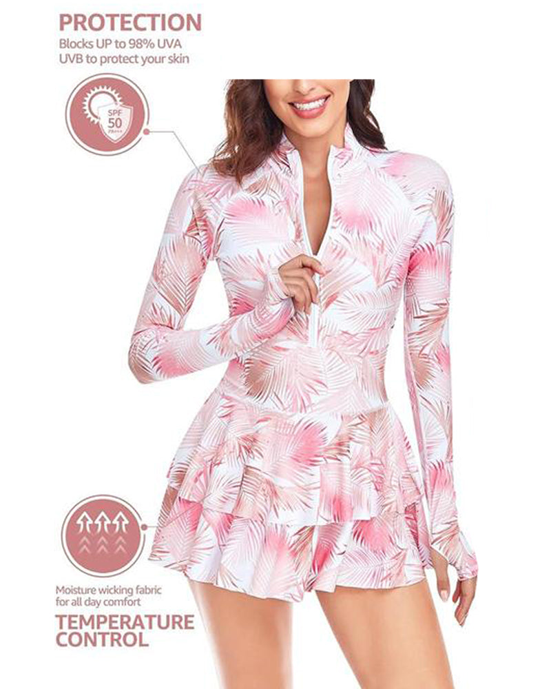Beach Vacation Print UPF50+ Ruffled Skirt Long Sleeve One-Piece Swimsuit