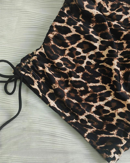 Vintage Leopard Print Adjustable Strap Swimsuit and Side Drawstring Swim Shorts Two-Piece Set