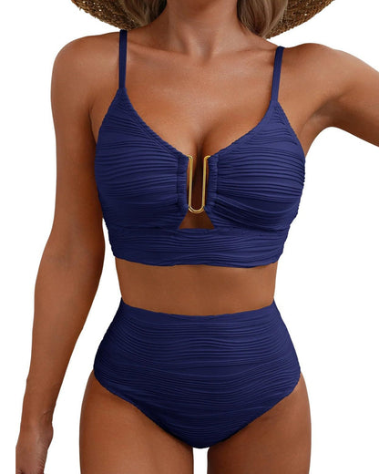 U-Shaped Underwire Hollow High Waist Textured Bikini Set