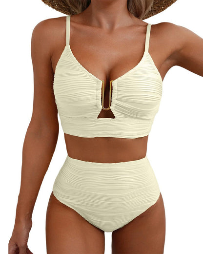U-Shaped Underwire Hollow High Waist Textured Bikini Set