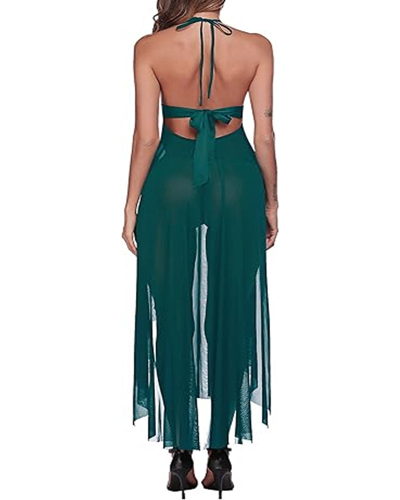 Women's Deep V Sexy Lace Mesh Front Slit Long Nightdress