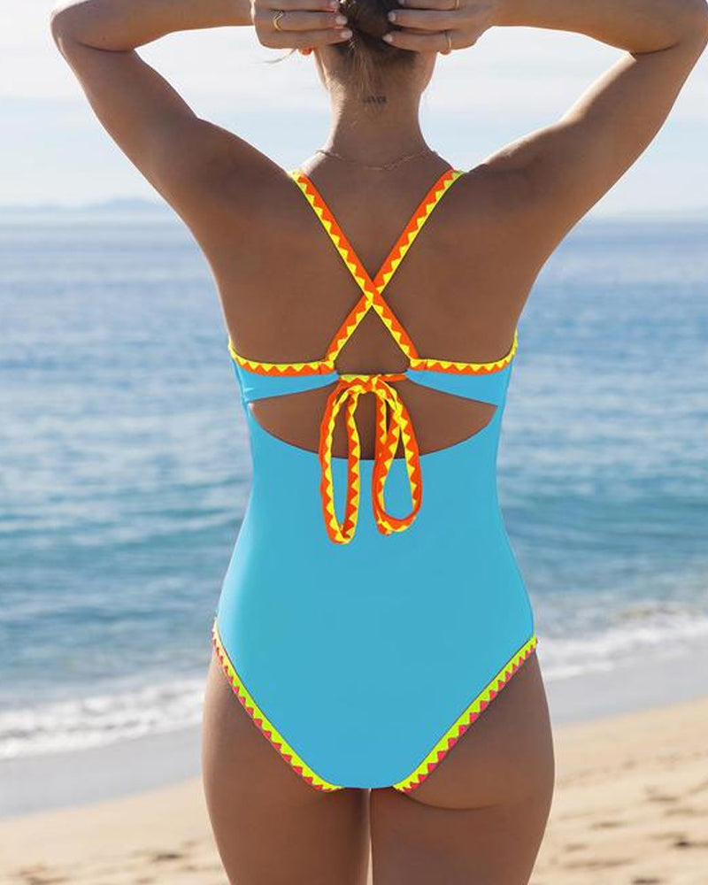 Women's Contrast Color Cross Strap Sexy Sleeveless Low Cut One-Piece Swimsuit