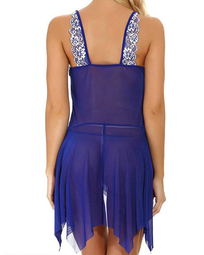 Sexy Deep V Lace Translucent Mesh Front Button Suspender Nightdress and Thong Set