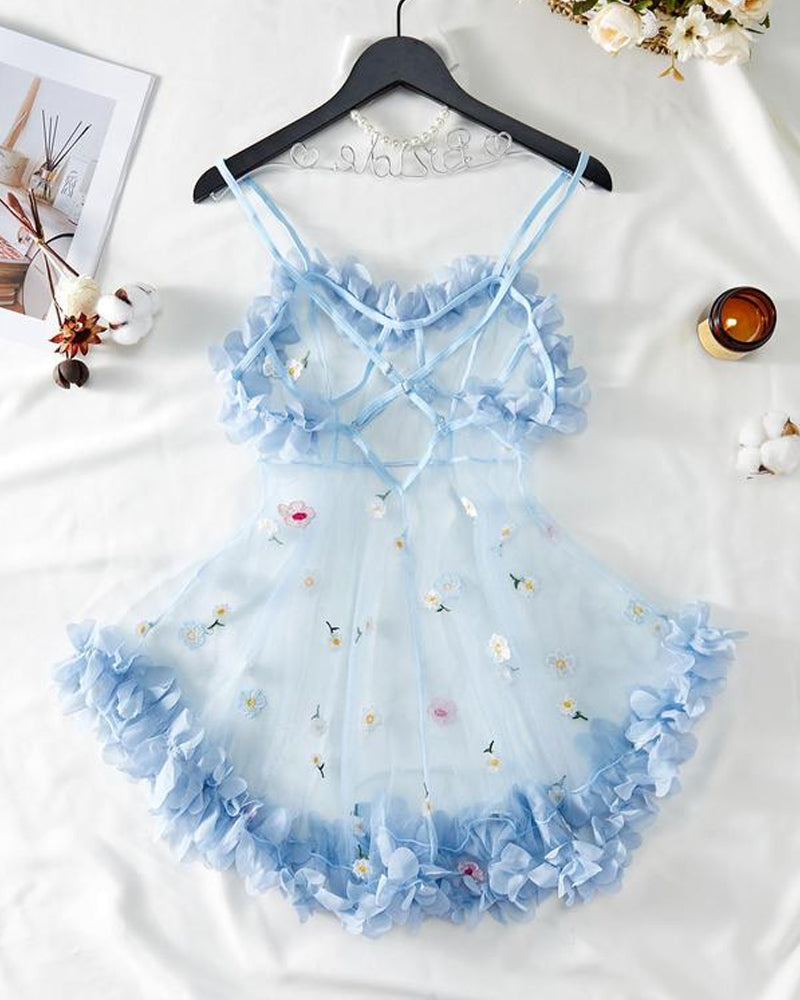 Sexy See-Through 3D Flower Lace Mesh Suspender Dress