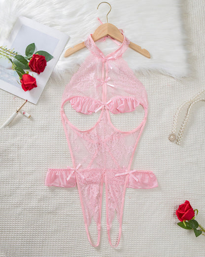 Women's Sexy Hollow Backless Transparent Floral Lace Open Crotch Design Bodysuit