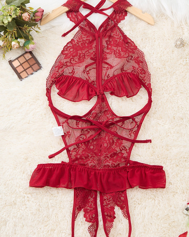 Women's Sexy Hollow Backless Transparent Floral Lace Open Crotch Design Bodysuit