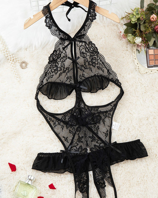 Women's Sexy Hollow Backless Transparent Floral Lace Open Crotch Design Bodysuit