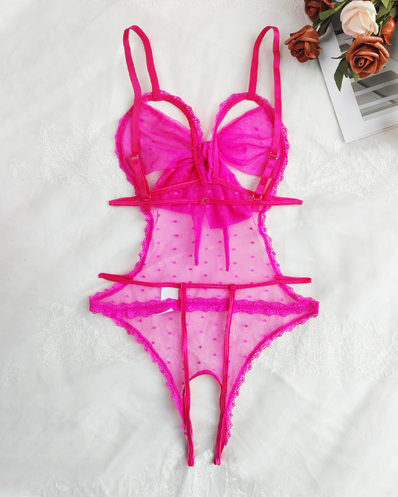 Sexy Floral Lace Bow Tie Open Crotch Hollow Polka Dot Mesh One-Piece Pajamas