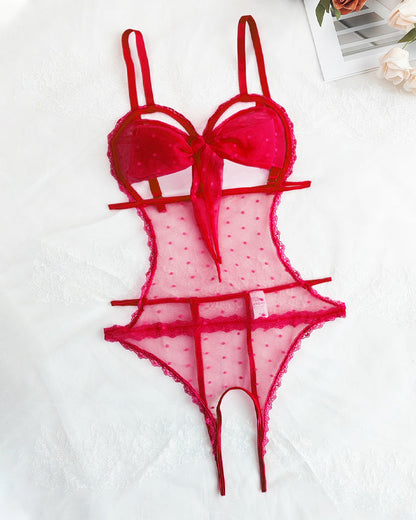 Sexy Floral Lace Bow Tie Open Crotch Hollow Polka Dot Mesh One-Piece Pajamas