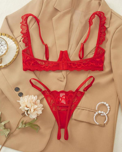 Women's Lace Sexy Underwire Spaghetti Straps Adjustable Bra and Open Crotch Design Thong Set