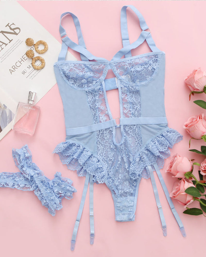 Sexy Lace Mesh Backless Ruffled Decoration Hollow Ring Buckle One-Piece Pajamas