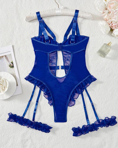 Sexy Lace Mesh Backless Ruffled Decoration Hollow Ring Buckle One-Piece Pajamas