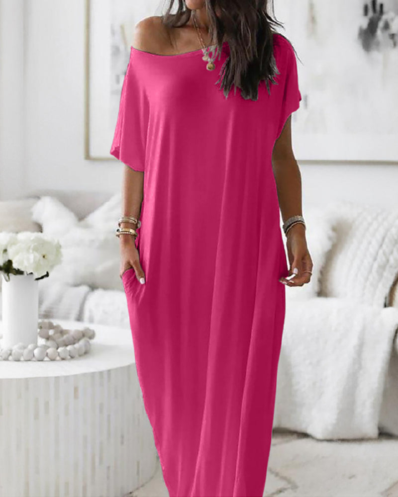 Women's Solid Color Bat Sleeve Casual Comfortable Short Sleeve Dress
