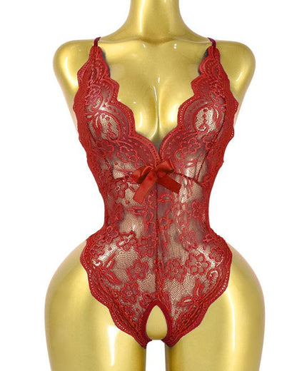 Deep V Sexy Translucent Floral Lace Cross-Back Open Crotch Design One-Piece Pajamas