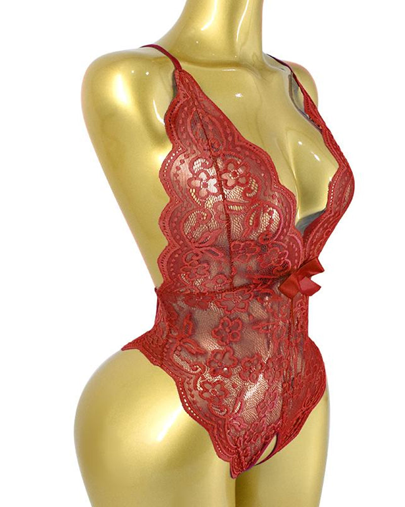Deep V Sexy Translucent Floral Lace Cross-Back Open Crotch Design One-Piece Pajamas