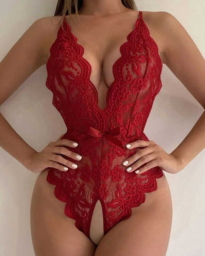 Deep V Sexy Translucent Floral Lace Cross-Back Open Crotch Design One-Piece Pajamas