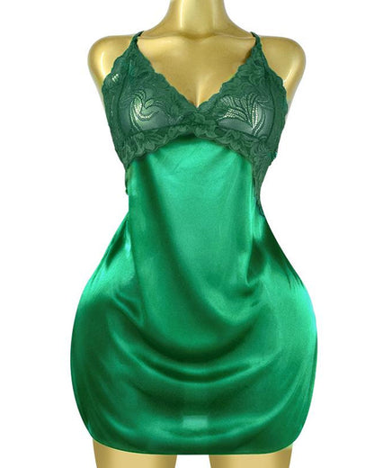 Women's Sexy Lace Satin V Neck Adjustable Straps Backless Nightdress with Thong