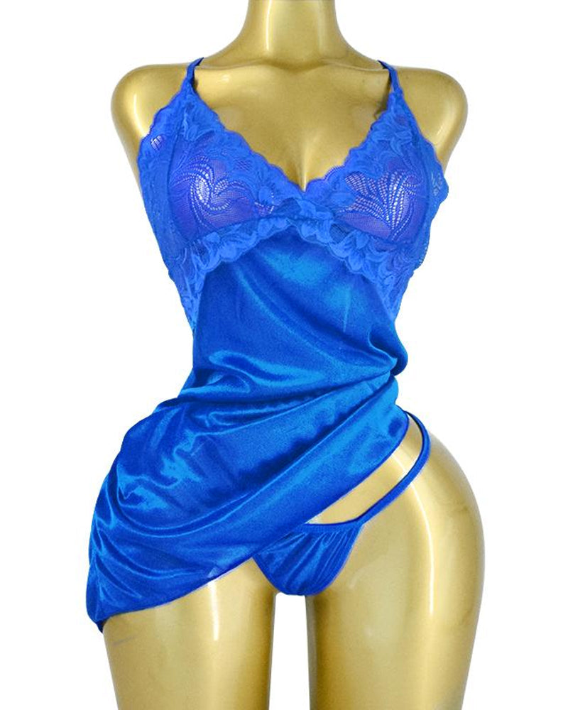Women's Sexy Lace Satin V Neck Adjustable Straps Backless Nightdress with Thong