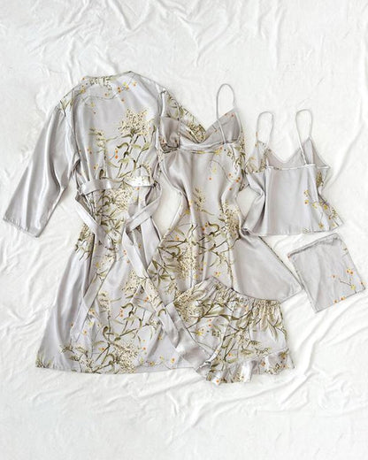 Women's Satin Printed Suspender Top Shorts Suspender Dress Nightgown Home Clothes Five-Piece Set