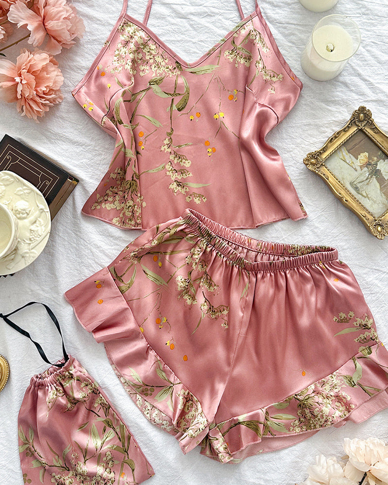 Women's Satin Printed Suspender Top Shorts Suspender Dress Nightgown Home Clothes Five-Piece Set