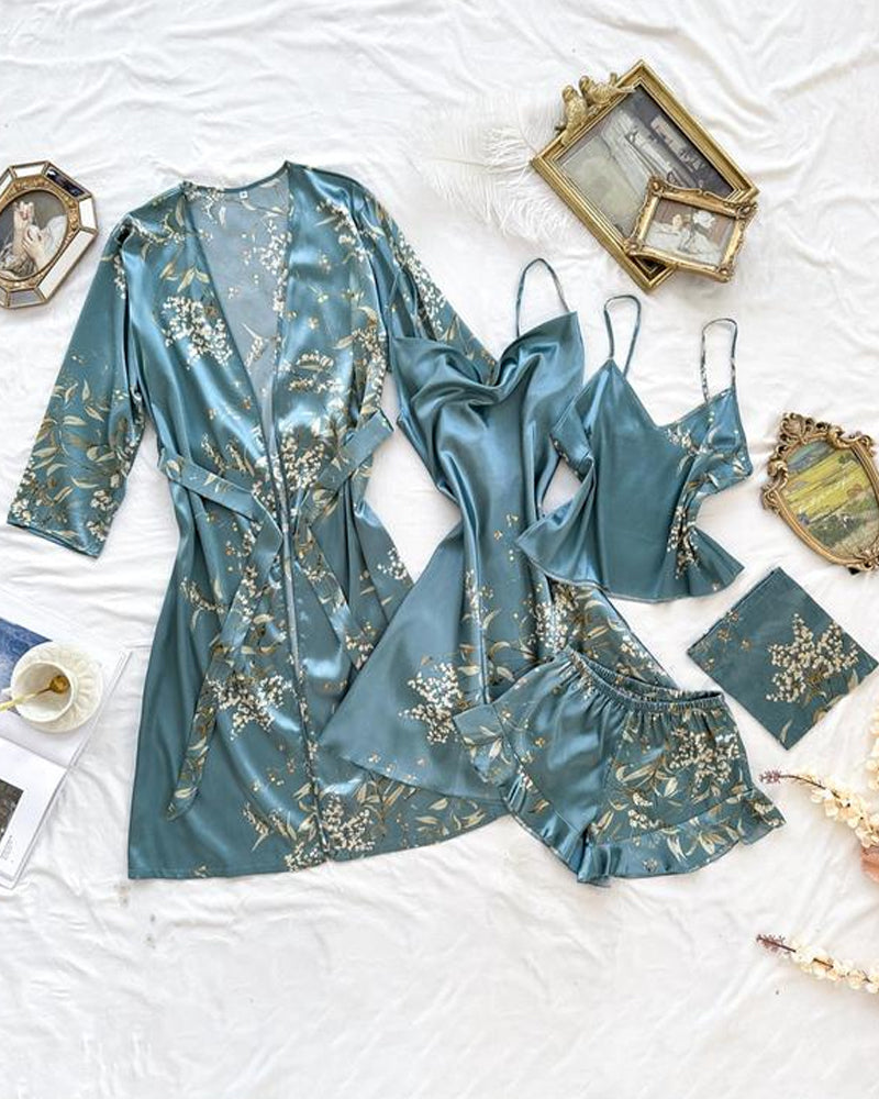 Women's Satin Printed Suspender Top Shorts Suspender Dress Nightgown Home Clothes Five-Piece Set