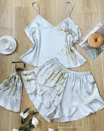 Women's Satin Printed Suspender Top Shorts Suspender Dress Nightgown Home Clothes Five-Piece Set