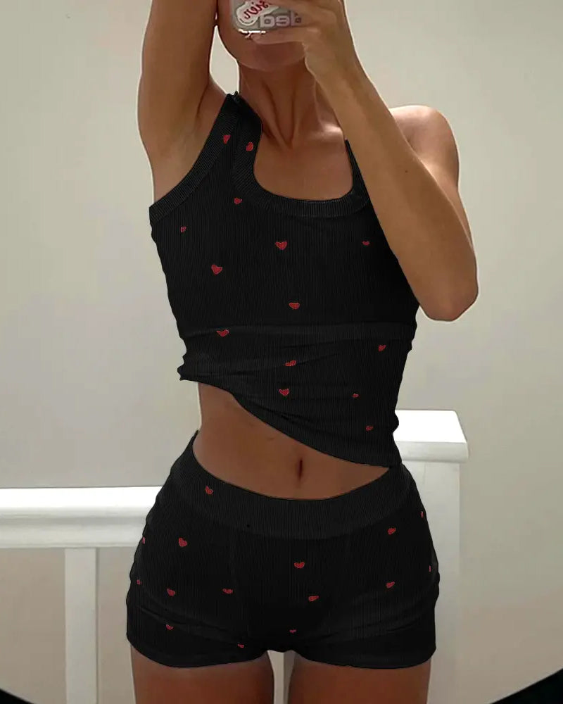 Women's Heart Pattern U Neck Tank Top and Casual Elastic Waist Shorts 2-Piece Set