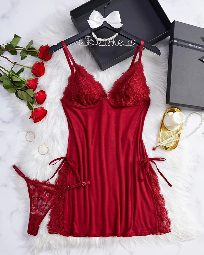 Sexy Bow Decorated Contrast Lace Suspender Nightdress Nightdress and Thong Set